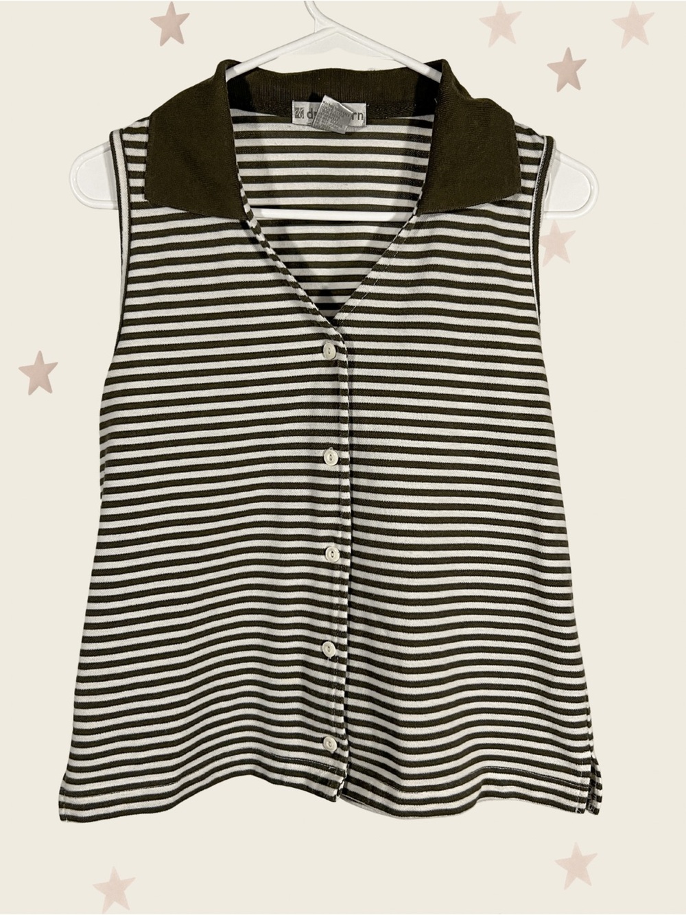 Striped Sleeveless Polo Tank Top Dressbarn Vintage Y2K Olive Green Cream Medium